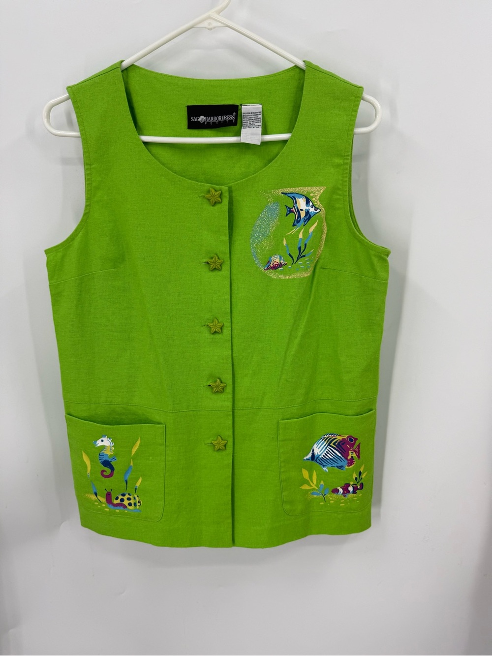 SAG Harbor vintage linen cotton blend hand-painted Sea Life Sleeveless Vest/top